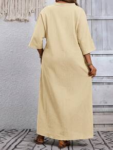 EMERY ROSE Plus Size Women's Summer Casual Boho Bohemian Traditional Vacation Country Solid 3/4 Sleeve Long Dress Going Out Brunch Outfits Beach Flowy Fall Beige - Apricot - View 3