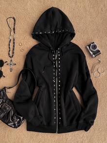 Attitoon Sweatshirt Wanita Polos dengan Tali Serut dan Hiasan Kancing, Pakaian Kasual Serbaguna untuk Sehari-hari - Hitam - View 6