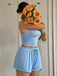 Dazy Plus Solid Color Fitted Bow Decor Camisole Top & Shorts 2-Piece Lounge Set, Spring/Summer Blue Pajama Set - Blue - View 1