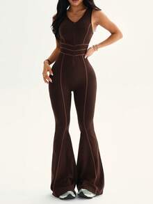 Slayform Slayform 1pc Women's Front Zipper V-Neck Striped Drawstring Waist Backless Sleeveless Gymnastics Dance Yoga Workout Jumpsuit Brown One Piece Set - Coffee Brown - View 5