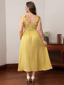 SHEIN Clasi Summer Vintage Style Yellow & White Plaid Tie Strap Square Neck / Heart Neck + Wide Strap Design Plus Size Dress - Yellow - View 2