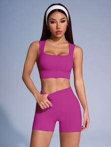 SHEIN Sovereign Charm 女款素色羅紋運動背心與短褲套裝 - 玫紅色 - 查看 4