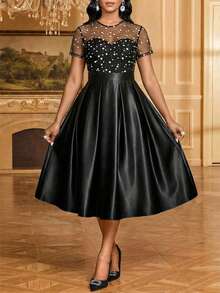 SHEIN Lady Plus-Size Elegant 1950s Vintage 1920s Party Formal Evening Cocktail Dress With Polka Dot Print, Mesh Paneling, Pleated Waist, Satin Hem Black - Black - View 3