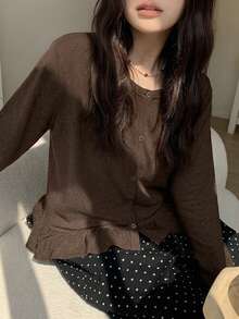 Dazy Plus 女童純色拼接荷葉邊修身長袖休閒T恤，春秋款 - 棕色 - 查看 5