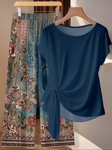 SHEIN Clasi 女款 2 件套 蝴蝶結領襯衫與寬鬆直筒長褲 - 彩色 - 查看 5