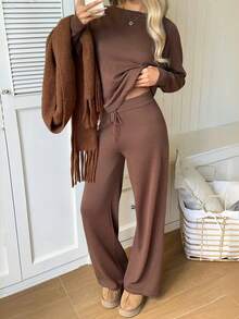 CovetEZ Women's Solid Color Sweater Knit Pants 2 Pieces Set Holiday Coffee Brown Autumn Casual - Brown - View 1