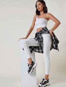 SHEIN BASICS 女款夏季純色彈性腰七分緊身褲 - 白色 - 查看 5