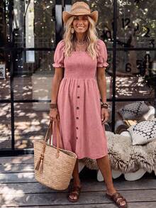 LanaWest Women's Denim Effect Puff Sleeve A-Line Dress - Pink - View 5