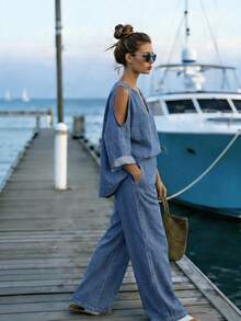 EMERY ROSE Set Denim Kasual Wanita Model V-Neck dan Celana Panjang untuk Liburan Sehari-hari, Warna Biru Muda, Musim Gugur - Biru - View 1