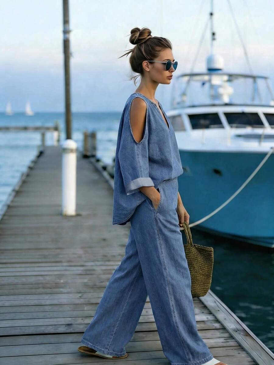 EMERY ROSE Set Denim Kasual Wanita Model V-Neck dan Celana Panjang untuk Liburan Sehari-hari, Warna Biru Muda, Musim Gugur - Biru - View 1