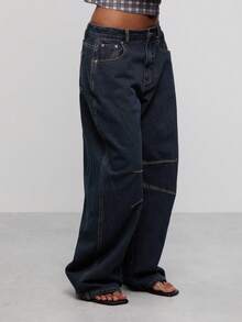 COUREZ Low Rise Mid Balloon Jeans With Seaming Details /Y2K Fall Outfits Autumn Fall Clothes Jeans For Women Baggy Jeans Pants For Women Wide Leg Pants Woman - Dark Wash - View 6