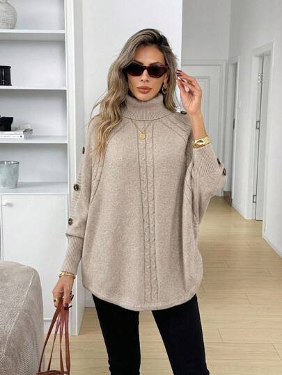 Easowa High Neck Asymmetrical Hem Decorative Button Bat Wing Sleeve Warm Casual Commuter Outdoor Women Sweater, Autumn/Winter,Long Sleeve Tops