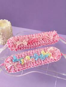 Zazumi 1PC/2PCS Kawaii Soft Girl Hair Band Pink Plaid Pleated Pastel Bows Ruffled Frill Hair Decor Accessory With Lace Strap For Casual Outings Gatherings - Multicolor - View 2