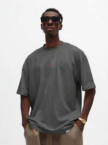 SUMWON Regular Studios Oversized Graphic Print Crew Neck Short Sleeve T-Shirt With Bold Back Logo Print - Dark Grey - View 2