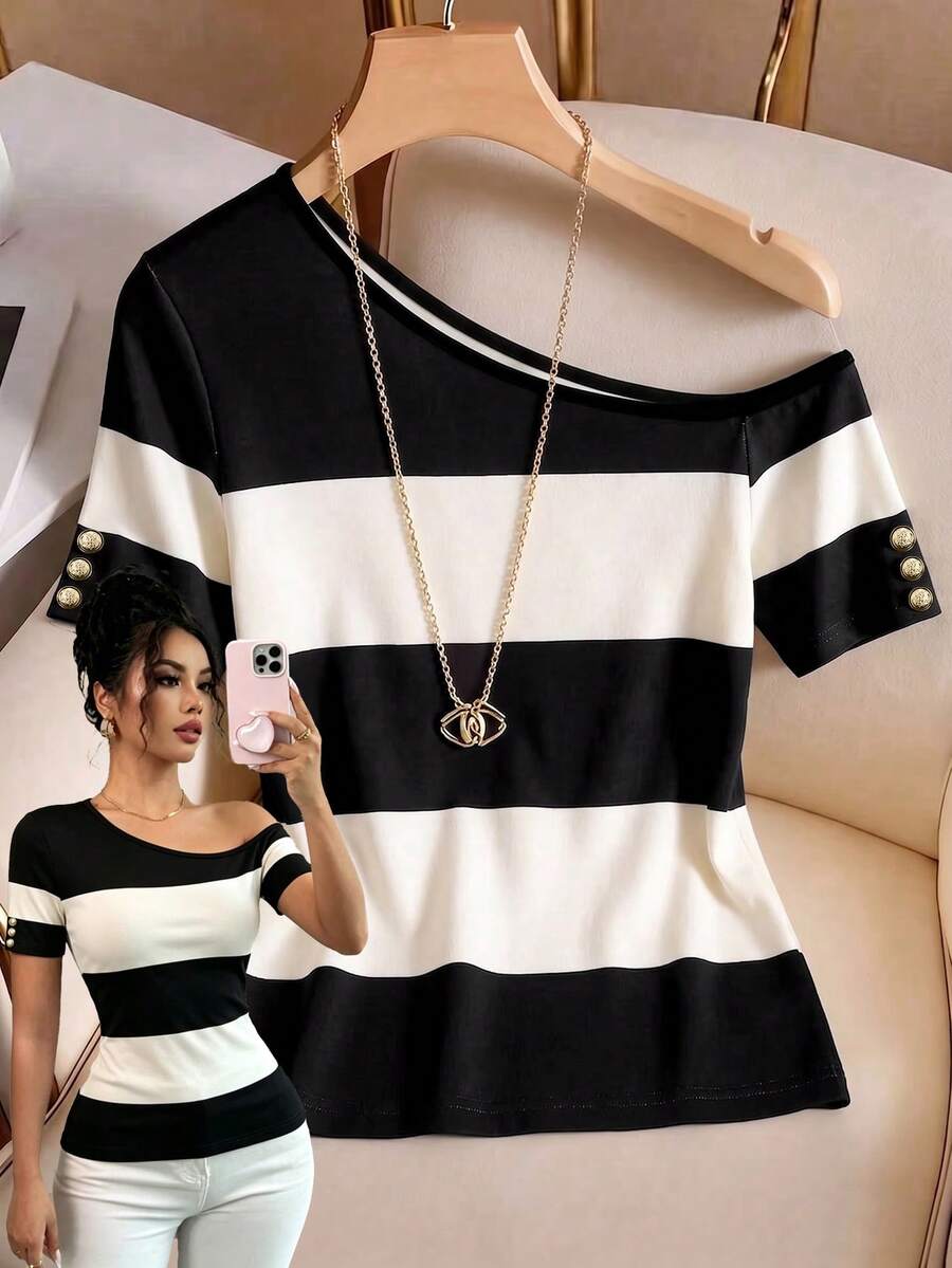 GlowEve Women's Black & White Striped Casual Commute Asymmetric Shoulder T-Shirt - Multicolor - View 1