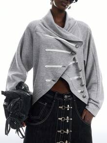 LYSMO Women's Fashion Vintage Wrap Single-Breasted Raglan Long Sleeve Sweatshirt - Light Grey - View 4