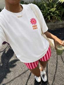 青少年女孩休閒簡約寬鬆圓領短袖T恤與寬鬆短褲2件套，適合春夏穿著 - 彩色 - 查看 4