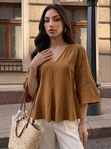 Elenzga Blusa casual versátil de unicolor con mangas acampanadas - Marrón Mocha - Ver 3
