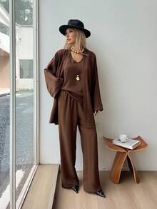 Livesso Autumn Brown Flare Sleeve Long Cardigan Vest Straight Leg Pants 3 Pieces Set, Loose Office Commute Wedding Vacation Casual Women's Outfit - Brown - View 4