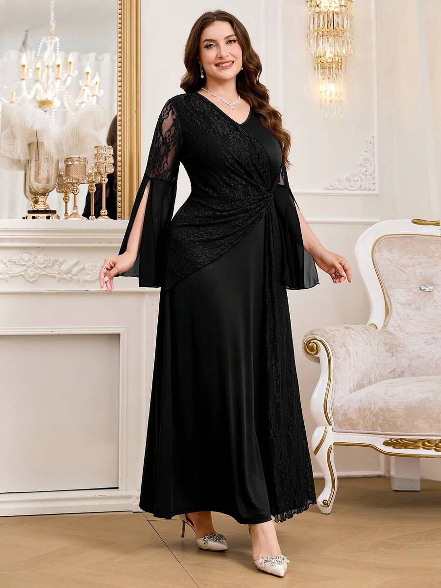 Reflora Plus Size Women's Elegant Contrast Lace Split Sleeve Dress Fall - Black - View 1