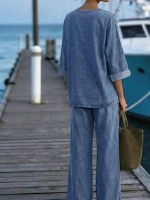 EMERY ROSE Set Denim Kasual Wanita Model V-Neck dan Celana Panjang untuk Liburan Sehari-hari, Warna Biru Muda, Musim Gugur - Biru - View 3