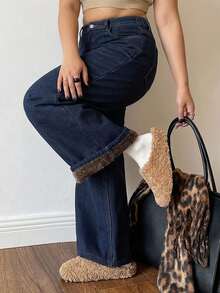 Dazy Plus Thermal Lined Thickened Loose Casual Versatile Plus Size Denim Jeans For Autumn/Winter - Dark Wash - View 3
