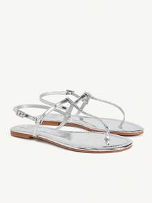 CUCCOO CHICEST Mirror Silver T-Word Clip Foot Back Strap Buckle Flat Sandals, Women's Simple And Versatile Outer Wear Casual Shoes - Silver - View 2