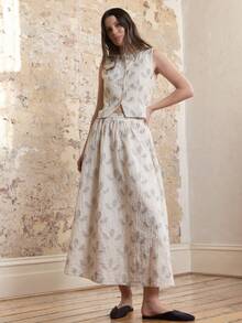 KÆRIA Hus Evia Aline 長裙 - 100%棉，提花，中長裙，套裝 - 刺繡花卉 - 休閒優雅，度假，派對早午餐，秋季米色 - 卡其色 - 查看 1