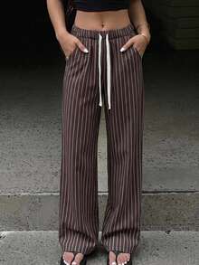 DAZY Women's New Loose Drawstring Striped Wide Leg Casual Pants Cute Tops - Coffee Brown - View 1