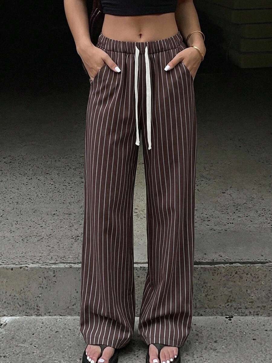DAZY Women's New Loose Drawstring Striped Wide Leg Casual Pants Cute Tops - Coffee Brown - View 1