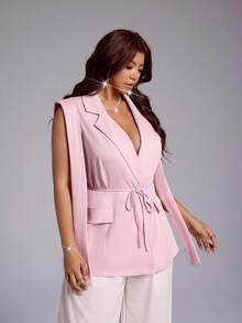 Viva Relle Casual European & French Style Waist-Cinching Tie-Front Sleeveless Blazer, Plus Size Lightweight Suit Jacket - Pink - View 4