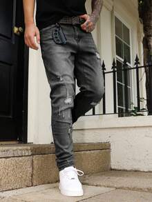 Manfinity Homme Men's Pocket Distressed Skinny Casual Versatile Jeans Ripped Grey Jeans Stretch Washed Slim Fit Thrashed Denim - Grey - View 3