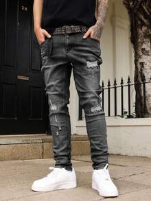 Manfinity Homme Men's Pocket Distressed Skinny Casual Versatile Jeans Ripped Grey Jeans Stretch Washed Slim Fit Thrashed Denim - Grey - View 4