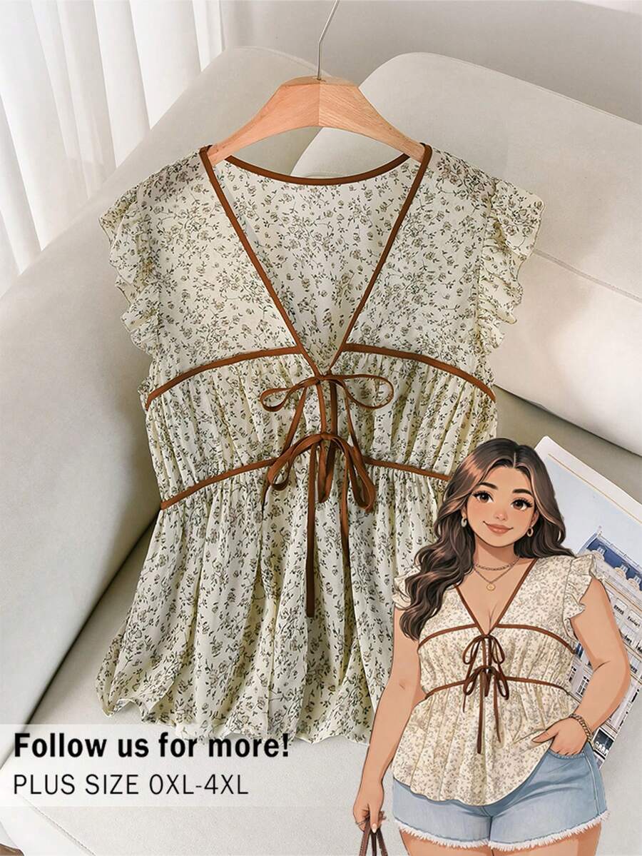 CosyJoli 大尺碼女款休閒可愛荷葉袖上衣，外出襯衫，雪紡印花襯衫，夏季女裝