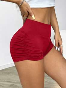 SHEIN EZwear 女款純色百褶夏季短褲，打底短褲 - 紅色 - 查看 4