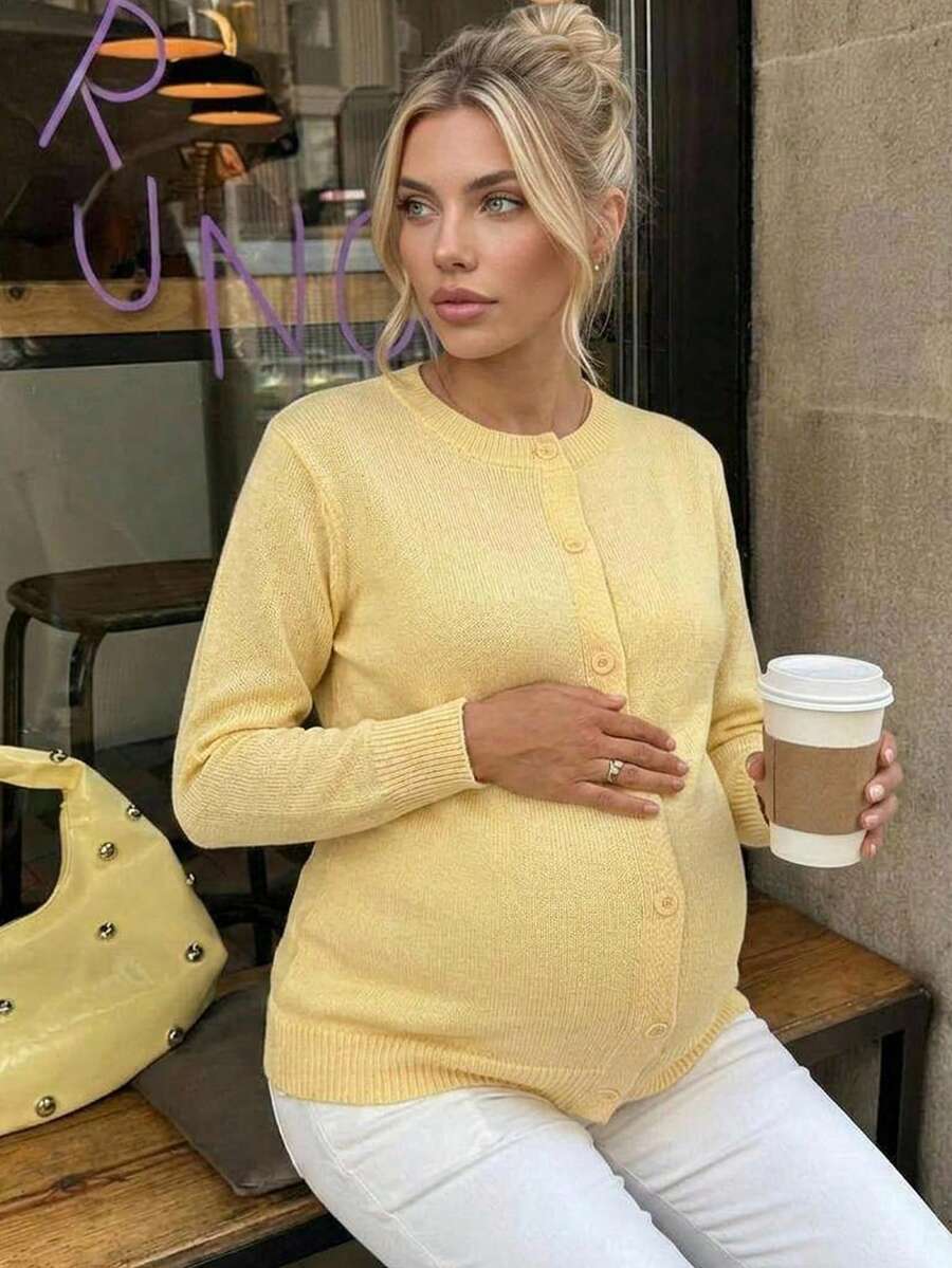 SHEIN Elegant långärmad cardigan med knappar fram för dagligt mode under graviditet - Gul - Visa 1