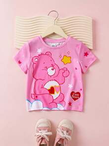 SHEIN X Care Bears 女童可愛卡通圖案印花圓領短袖T恤 - 粉色 - 查看 1