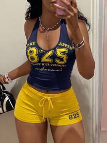 Fiercella Fiercella 女款春夏兩件套黃色背心 & 藍色短褲 HypeZone-D 細肩帶吊帶上衣 & 短褲 英文字母印花裝飾，性感修身，適合運動、休閒、度假、娛樂 - 藏蓝色 - 查看 4
