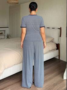Dazy Plus 2pcs/Set Striped Casual Colorblock Patchwork Slim Fit Short Sleeve Top & Long Pants Loungewear Pajama Set For Spring Summer Autumn - Navy Blue - View 2