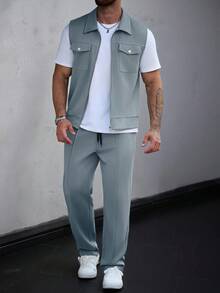 SLATEMANN Conjunto de chaqueta chaleco de utilidad con cremallera delantera y pantalones largos con cintura con cordón para hombre - Neblina azul - Ver 1
