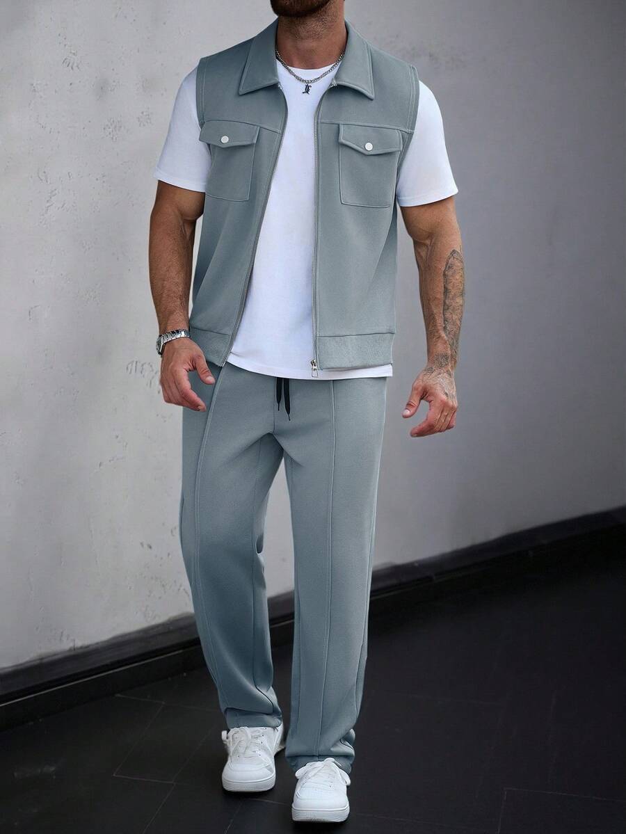 SLATEMANN Conjunto de chaqueta chaleco de utilidad con cremallera delantera y pantalones largos con cintura con cordón para hombre - Neblina azul - Ver 1