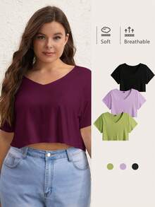 SHEIN BASICS Plus 1件純色V領短版T恤 夏季上衣 女款夏季穿搭 - 酒紅色 - 查看 1