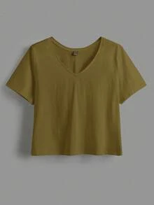 SHEIN BASICS Plus 1件純色V領短版T恤 夏季上衣 女款夏季穿搭 - 軍綠色 - 查看 6