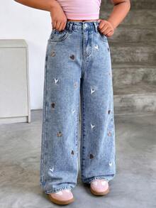SHEIN Explorewe 女童百搭時尚休閒藍色直筒牛仔長褲 - 中等水洗藍 - 查看 5