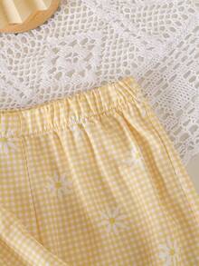 SHEIN Elladie kids 女童新款清新田園風精緻碎花兩件套，棕色蝴蝶結裝飾背心上衣 + 同款碎花寬腿長褲，甜美可愛時尚日常穿搭，夏季 - 黃色 - 查看 4
