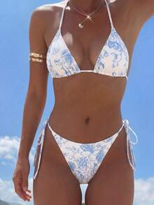 Swim Mod 夏季海滩女式花卉印花挂脖比基尼套装花卉比基尼两件套比基尼 - 藍白色 - 查看 1