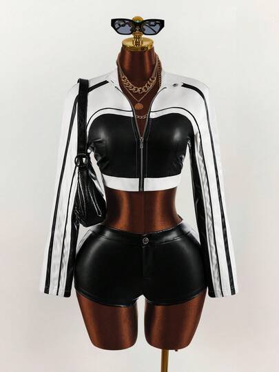 Amplova Women's Fashion Colorblock Cropped Slim Fit PU Jacket