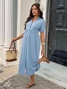 SHEIN Maternity Solid Color Pleated Casual Everyday Summer Dress - Blue - View 3