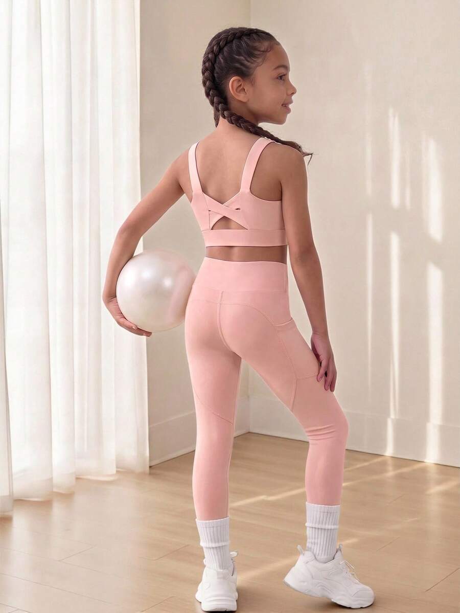 SHEIN Young Girl High Stretch Sportswear Set For Body Shaping, Free Stretching, Sweating-Absorbing, Cycling, Running, Indoor Dancing And, Fall, Yoga, Gym - Pink - View 1