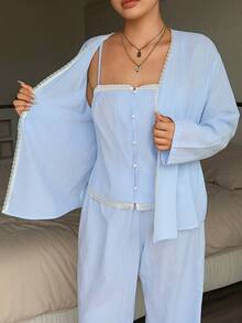 Dazy Plus Setelan Piyama Biru Musim Semi/Musim Panas, Model Kasual Bergaris untuk Pakaian Rumah, Atasan Camisole Lengan Panjang, Cardigan, dan Celana. - Baby Blue - View 8
